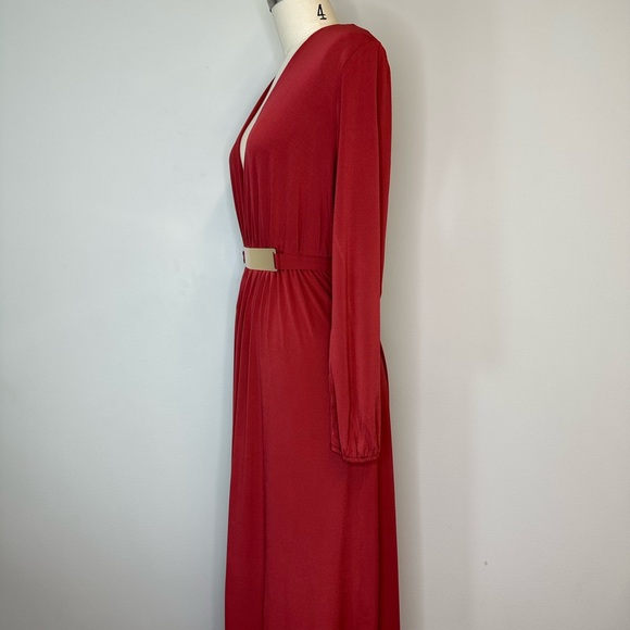 Charlotte Russe Rust Belted V-neck Dress with front slit - Picture 4 of 5